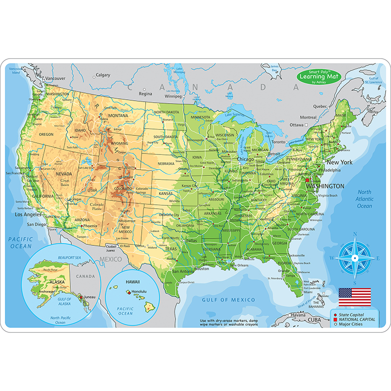Us Map Physicl Learning Mat 2 Sided