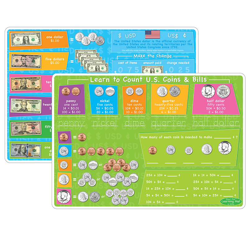 10pk Us Money & Coins Learning Mat