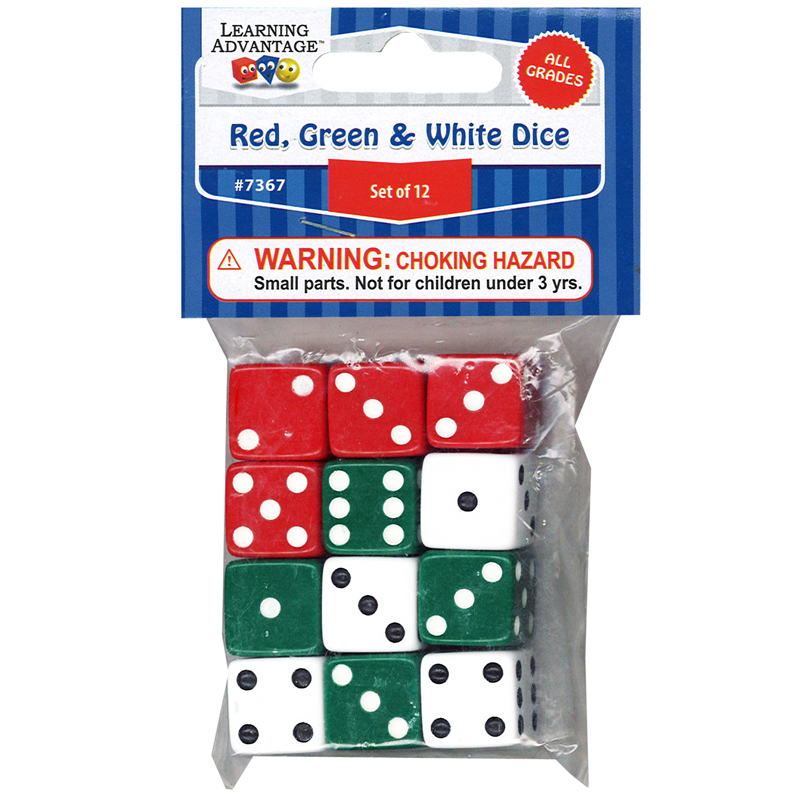 Red Green & White Dot Dice 12/Pk