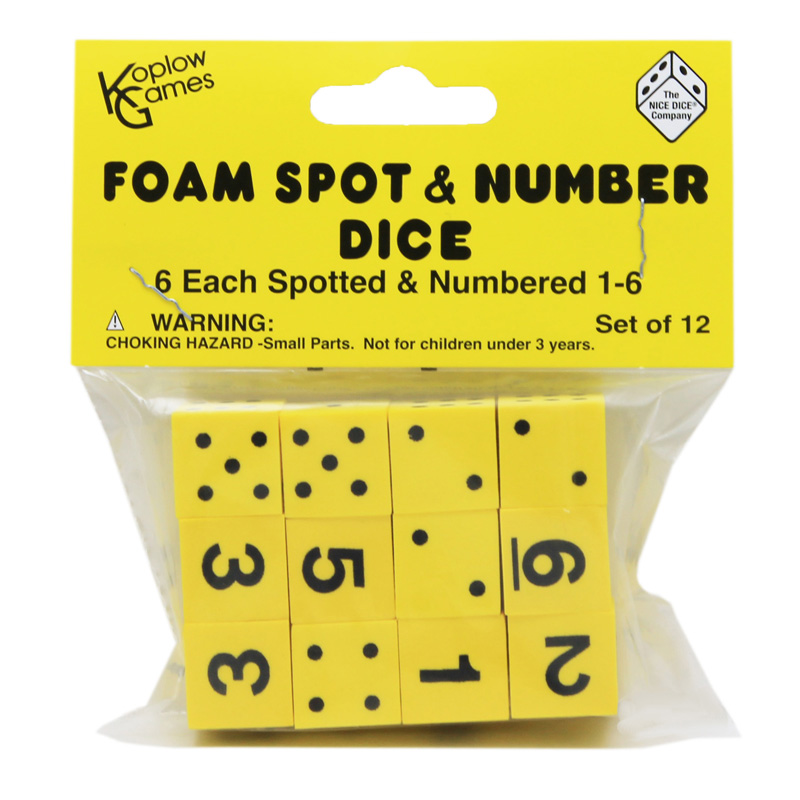16mm Foam Dice 12pk Yellow Spot &