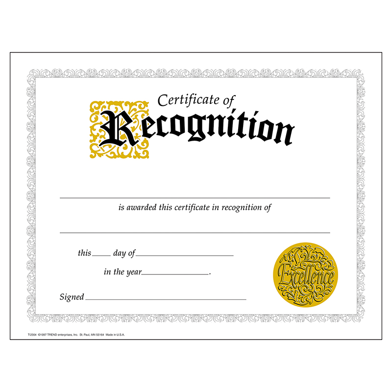 (6 Pk) Certificate Of Recognition
