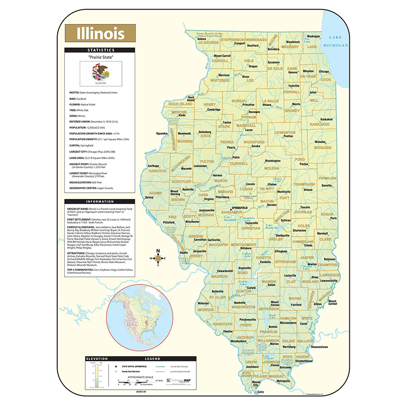 Shaded Relief Map Rolled Illinois